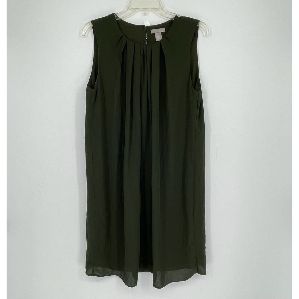 H&M Women's Olive Green Chiffon Round Neck Pleated Sleeveless Shift Dress Size M